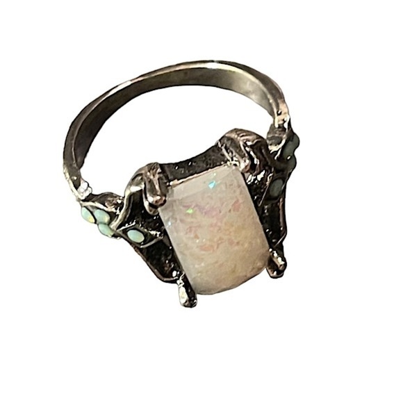 Faux Dichroic Glass Opal & Rhinestone Silver Toned Statement Cocktail Ring 8 - Picture 6 of 8